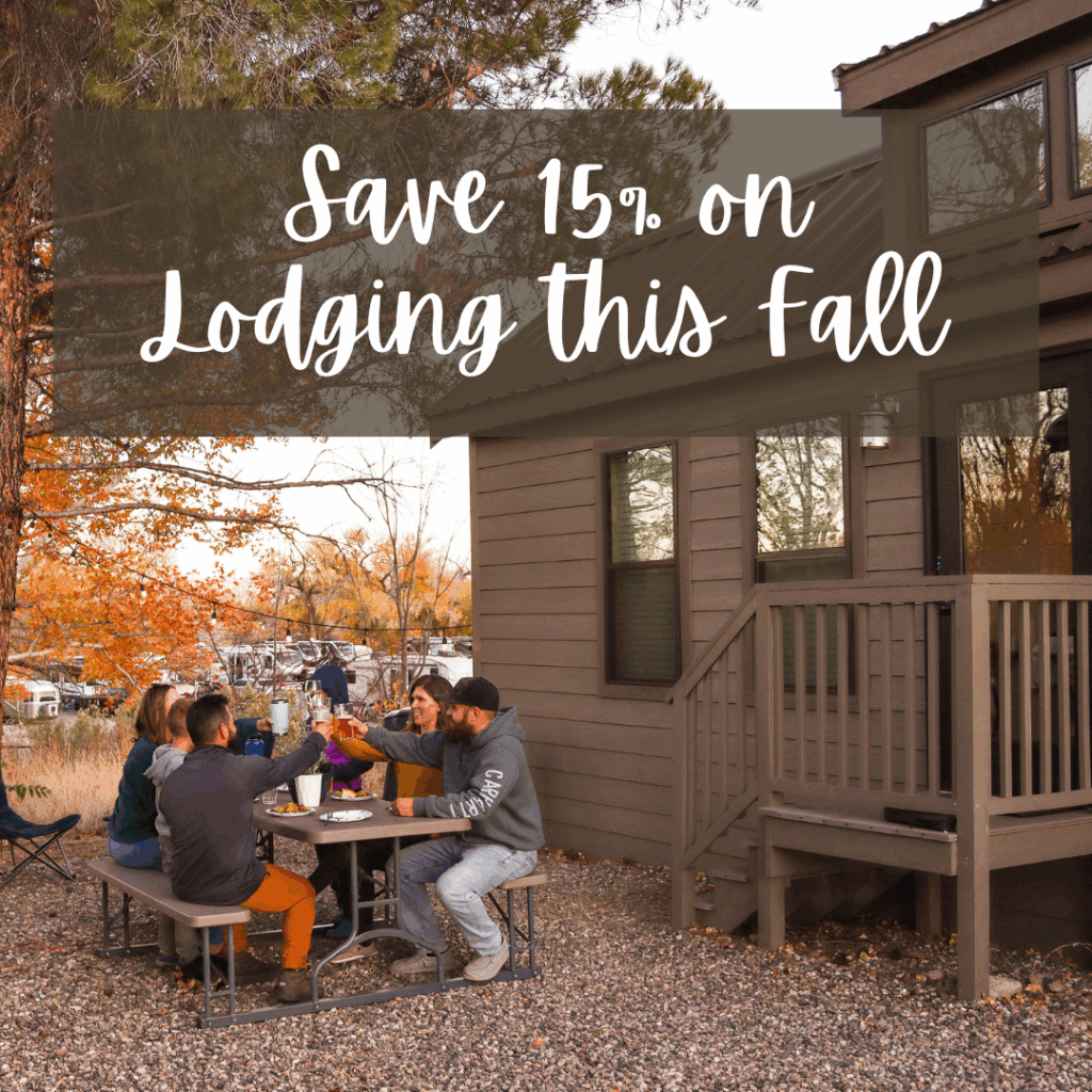 Four people sit at a picnic table outside a cabin surrounded by autumn trees, with a text overlay reading "Save 15% on Lodging this Fall.