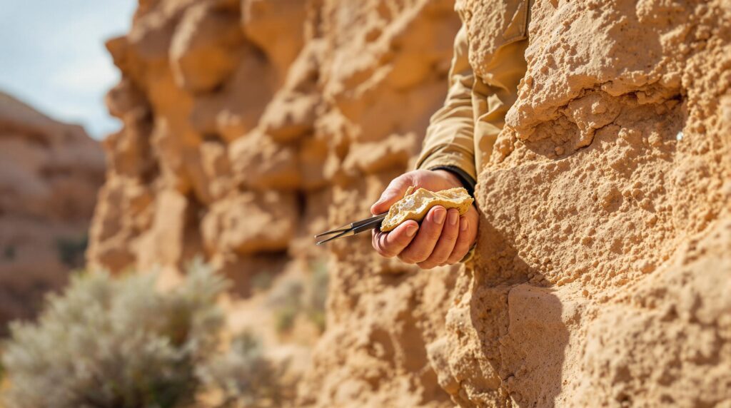 Archaeologist examining ancient plaster with visible bird guano using tweezers and brush, sandstone cliff and desert plants in the background