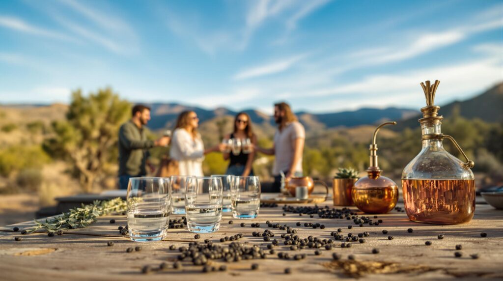Outdoor table with gin glasses, juniper berries, and copper still, group of adults toasting in Arizona desert landscape under blue sky