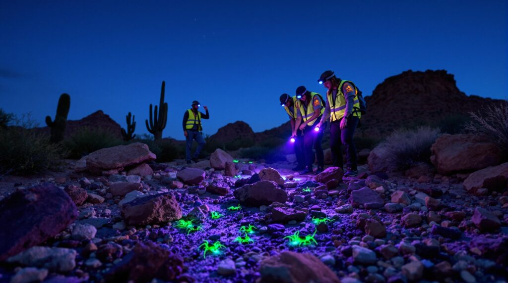 Group of people using UV flashlights to spot glowing scorpions on a rocky desert night, with headlamps and safety vests, under a moonlit sky near cacti and mesas.