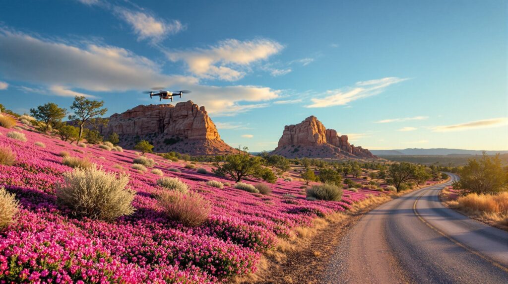 A drone hovers above pink phlox flowers carpeting terraced hills beside a rural dirt road, with scattered juniper trees and sandstone outcrops under a clear blue sky in the Arizona high desert.