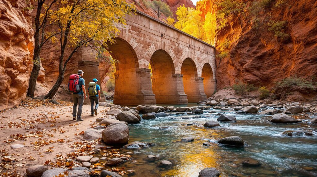Two hikers with backpacks stand near old stone aqueduct ruins along a creek in a red-rock desert canyon, surrounded by cottonwood trees and autumn leaves under warm afternoon light.