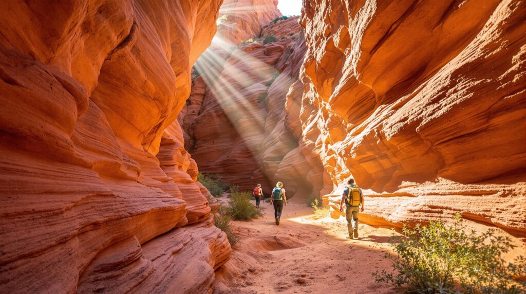 Two hikers walk through a sunlit slot canyon with red sandstone walls and desert plants, evoking the Arizona wilderness near Camp Verde.