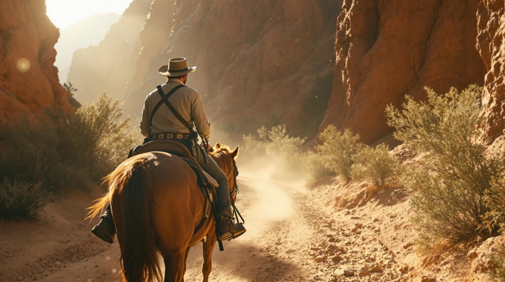 A horseback rider in 1880s frontier attire travels along a dusty, sunlit canyon trail bordered by sandstone walls and desert plants, evoking the historic mail route near Camp Verde, Arizona.