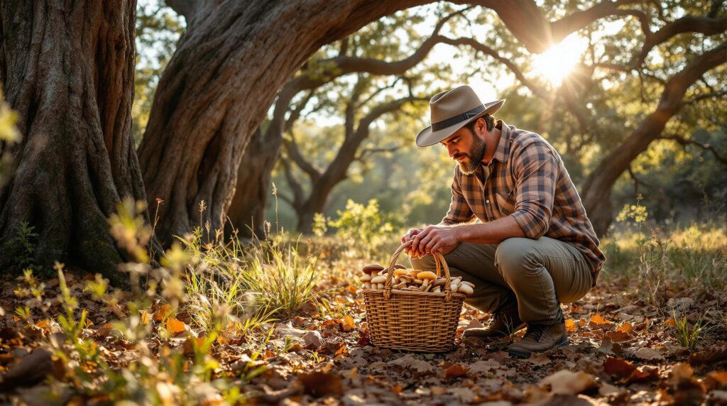 A person kneeling on a leafy forest floor examines a wild mushroom beside a basket of foraged fungi, with sunlight filtering through oak trees in a shaded woodland.