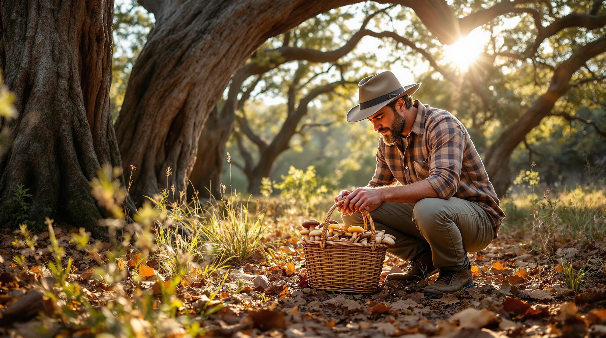A person kneeling on a leafy forest floor examines a wild mushroom beside a basket of foraged fungi, with sunlight filtering through oak trees in a shaded woodland.