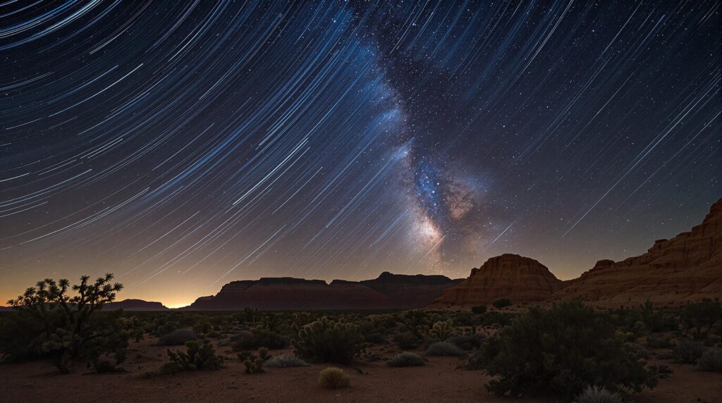 Time-lapse photo of Perseid meteors streaking across a star-filled night sky above a desert landscape with cacti and scrubby bushes near Camp Verde, Arizona.
