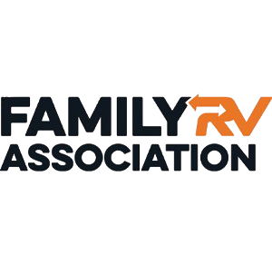 Logo with the words "Family Association" in black and "RV" in orange, with arrows incorporated into the "RV" letters.