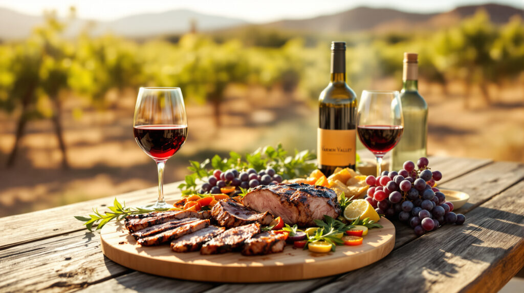 Rustic wooden table with barbecue meats, grilled vegetables, two glasses of red wine, and fresh grapes, set outdoors in warm Arizona sunlight with blurred vineyard and desert hills in the background.