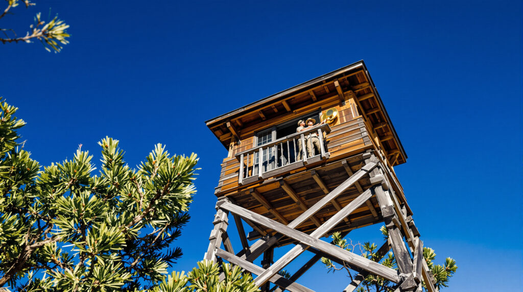 Park ranger adjusting a heliograph mirror atop a rustic wooden lookout tower surrounded by juniper trees under a clear blue sky in the Arizona high desert.