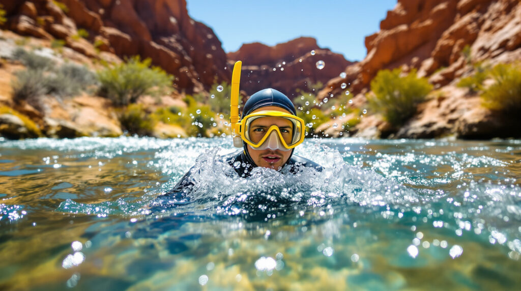 Snorkeler in wetsuit and yellow mask navigating rapid desert river waters with blurred canyon walls and green shrubs in background