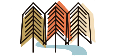 Three stylized trees with overlapping colored canopies stand beside a winding blue path on a light background.