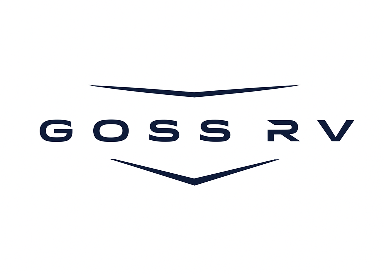 The image shows the text "GOSS RV" in bold letters, with two navy chevron shapes above and below the text, set against a white background.