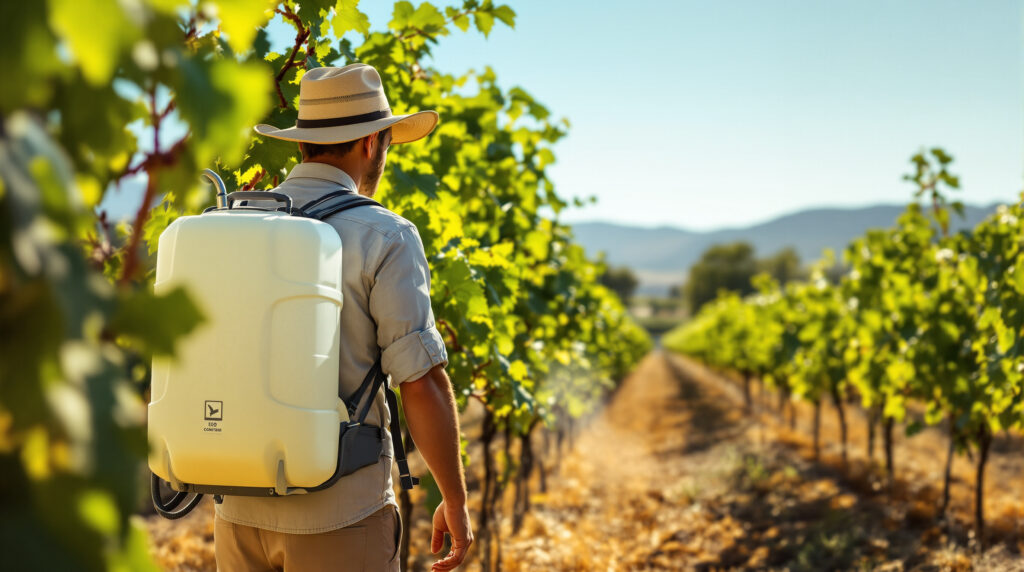 Farm worker spraying biodynamic compost tea on grapevines in a sunlit Arizona vineyard with blurred green rows and distant hills in the background.