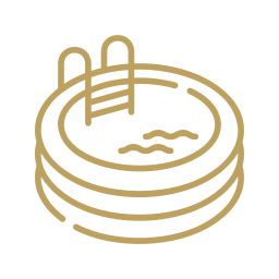 Simple line drawing of a round swimming pool with water inside and a ladder on the edge.