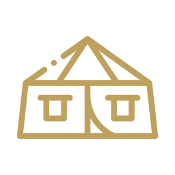 Simple gold outline icon of a tent with two windows and a central entrance on a light background.