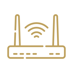 A simple line illustration of a wireless router with two antennas and a Wi-Fi signal icon above it, on a light background.