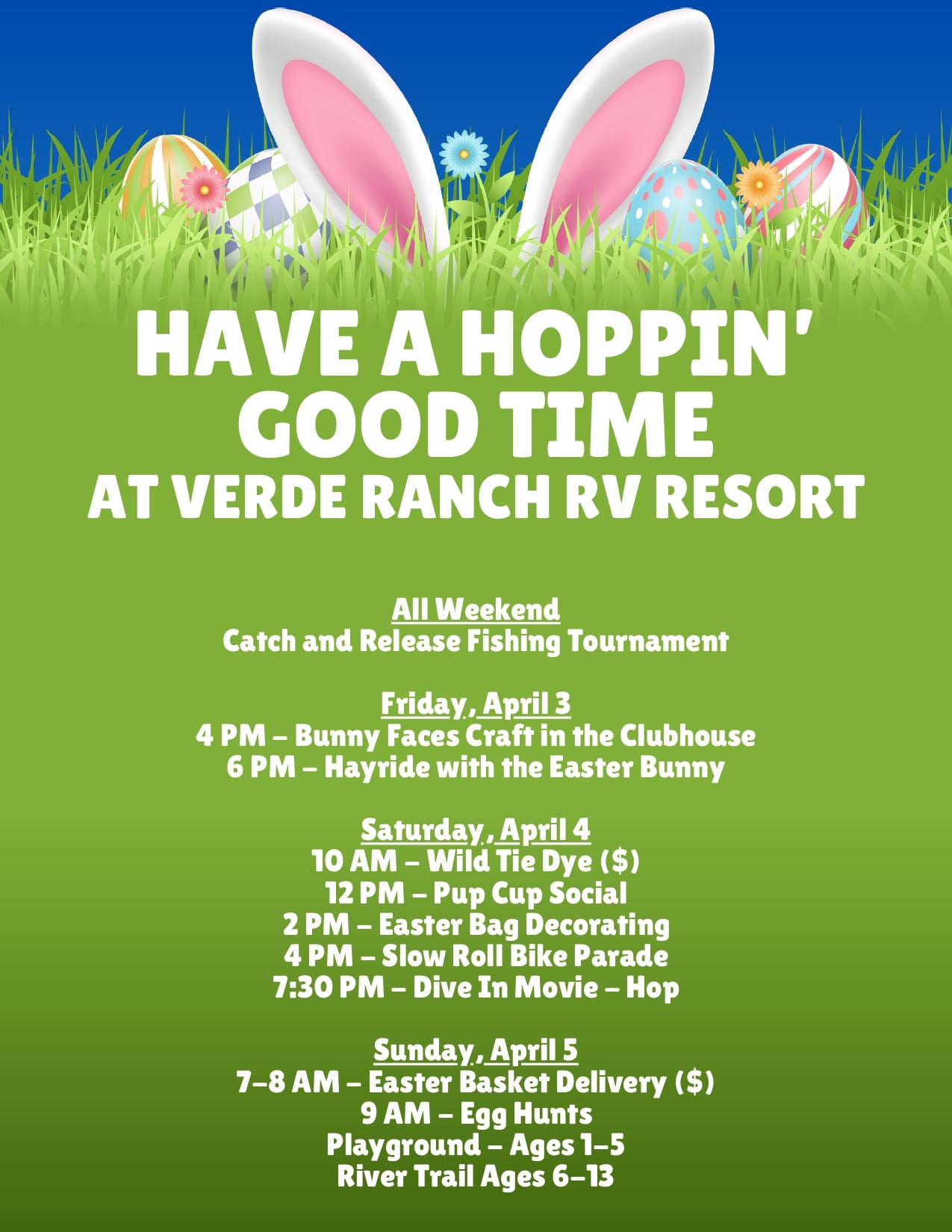 Colorful Easter-themed flyer with bunny ears, eggs, grass, and a schedule of family events at Verde Ranch RV Resort, including crafts, a parade, egg hunts, and a fishing tournament.