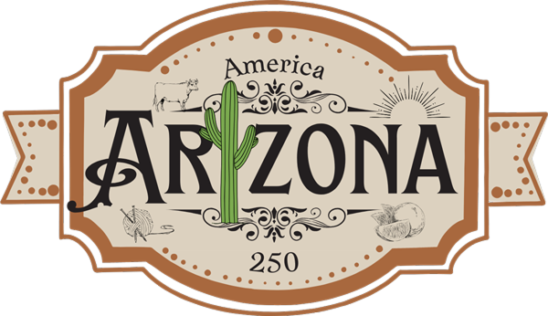 Vintage-style Arizona sign featuring a large cactus, sun, cow, melon, and lizard illustrations with the word "Arizona" and the number 250.