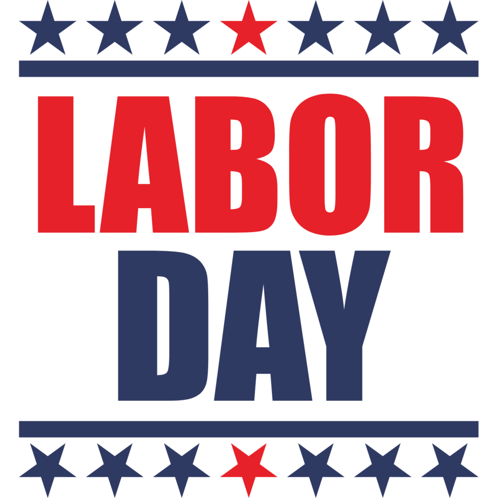 Text reads “LABOR DAY” in large red and blue letters, surrounded by rows of blue and red stars on the top and bottom.
