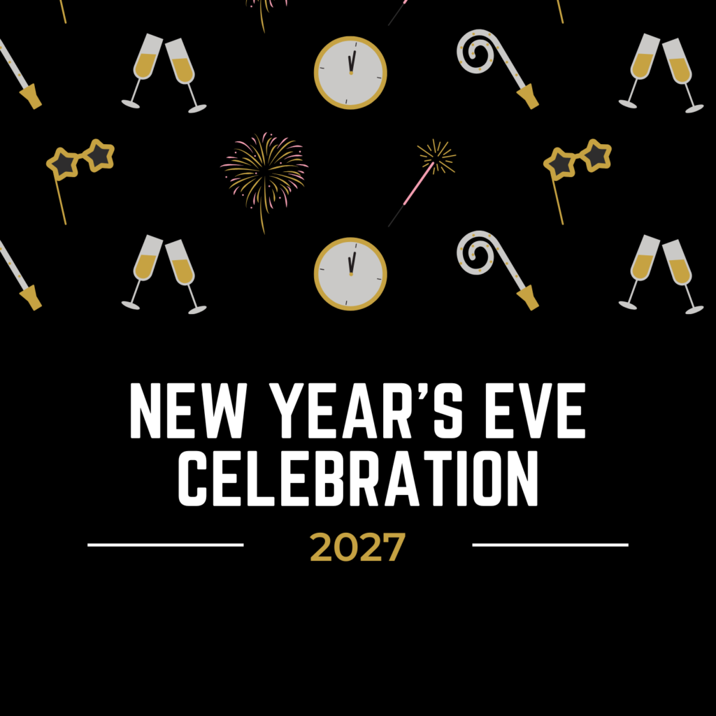 Black background with clocks, champagne glasses, fireworks, candy canes, and star glasses. Text reads "New Year's Eve Celebration 2027" in bold white and gold letters.