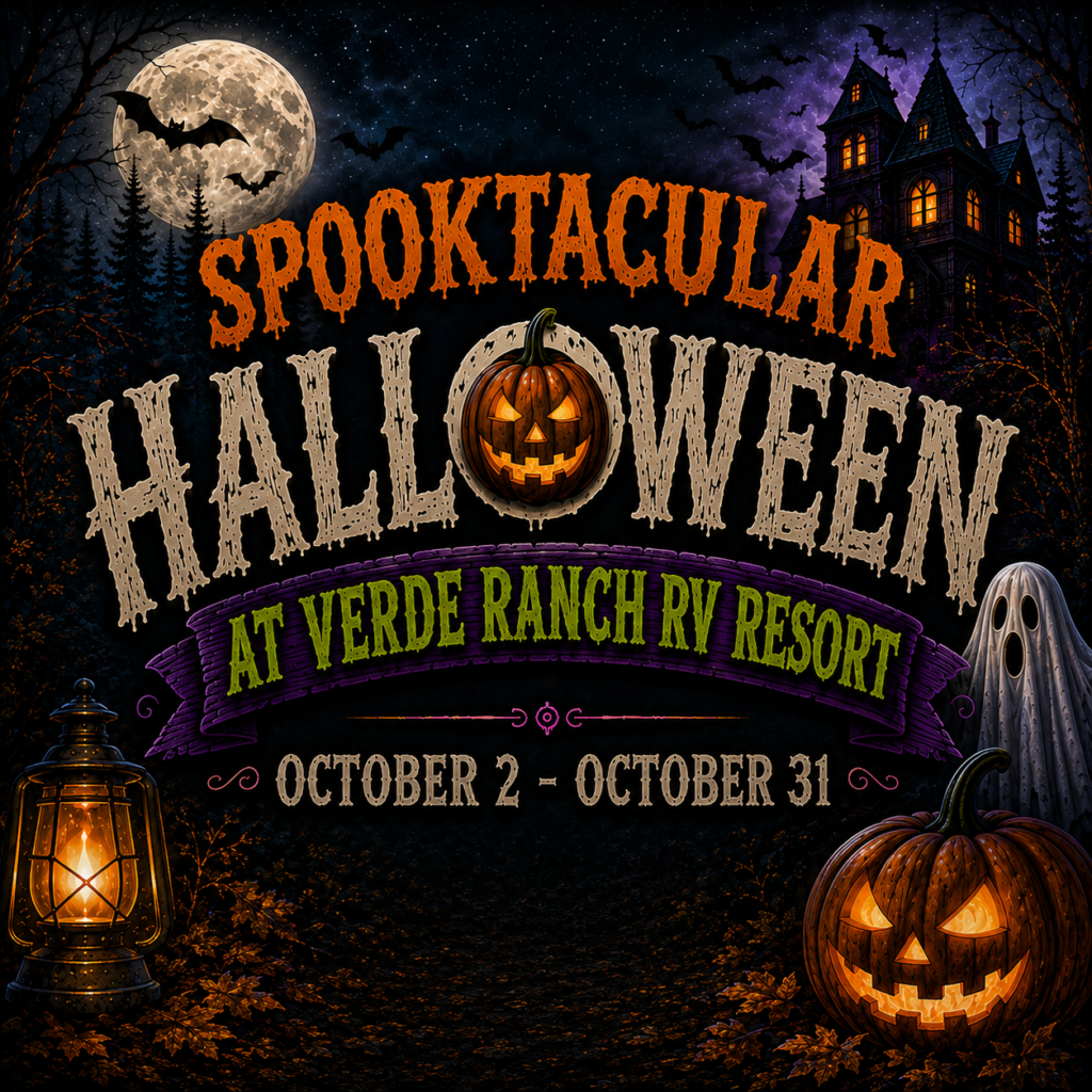 Halloween event poster with pumpkins, a full moon, haunted house, ghost, lantern, and the text: "Spooktacular Halloween at Verde Ranch RV Resort, October 2 - October 31.